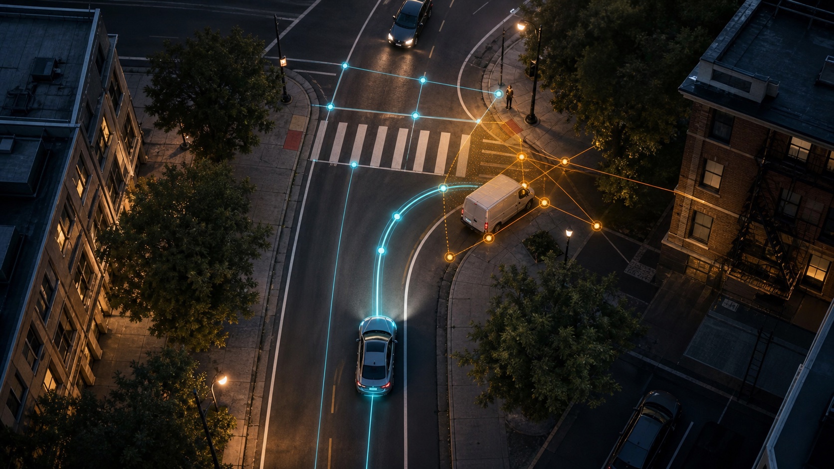 Aerial blind-corner right-turn scene with crosswalk occlusion and map knowledge graph evidence
