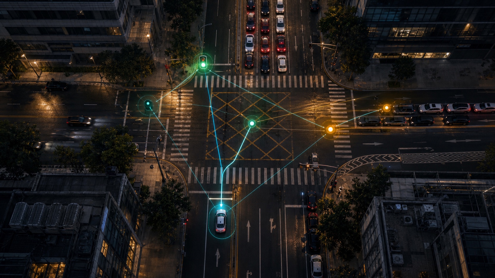 Aerial green-light blocked-intersection scene with downstream queue and knowledge graph storage evidence