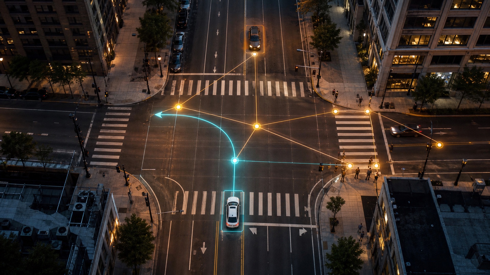 Aerial unprotected-left-turn conflict scene with opposing traffic, crosswalk conflict, and knowledge graph evidence