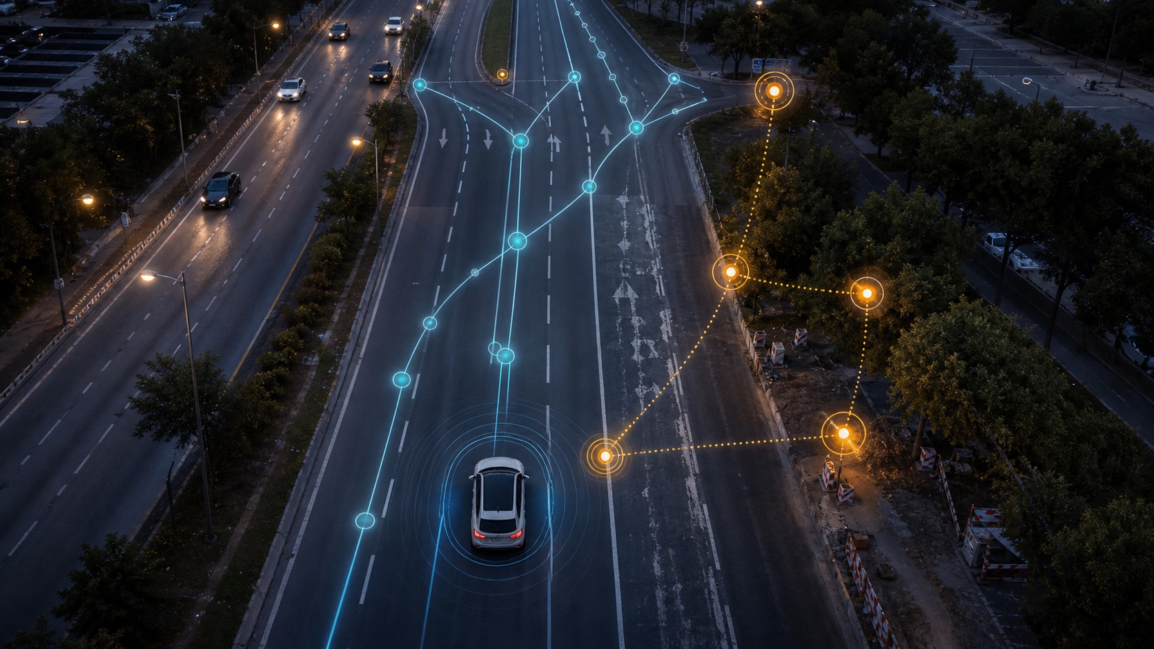 Aerial ODD readiness gate scene with lane graph continuity, roadworks, map quality, and feature-gating evidence