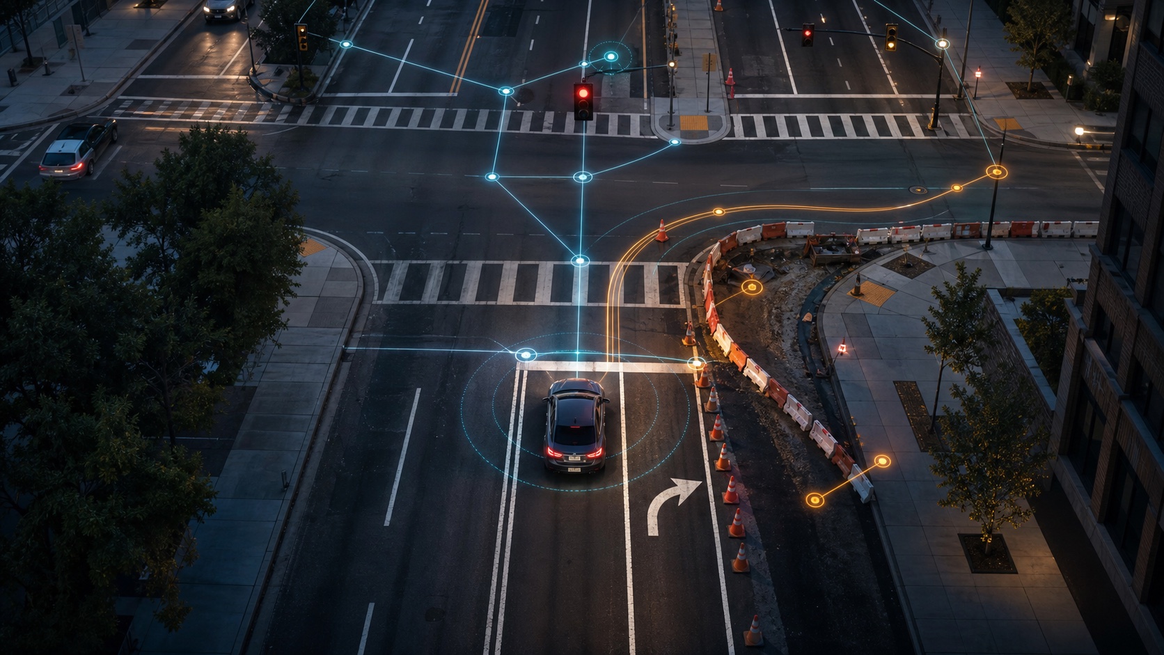 Aerial right-turn decision layer with signal, stop line, crosswalk, closure, and map knowledge graph evidence